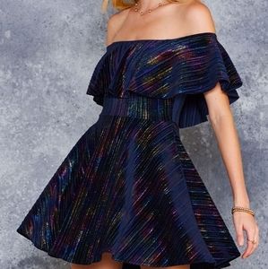 RAINBOW PLEATS VELVET OFF THE SHOULDER DRESS